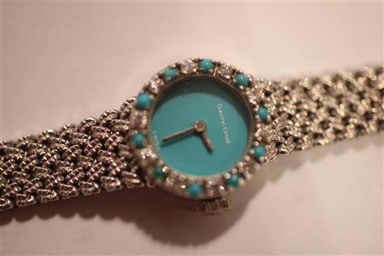 A ladys 1970s 9ct white gold, diamond and turquoise Bueche Girod manual wind wrist watch,